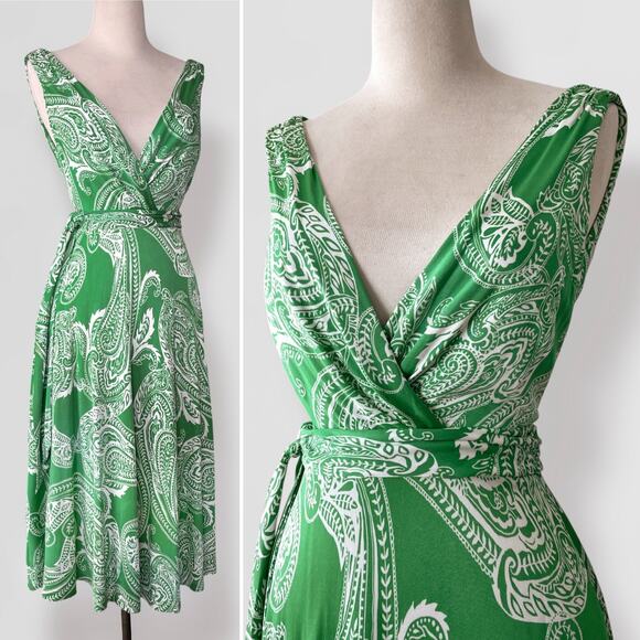 Ralph Lauren Wrap Dress Sz 6 Green Paisley V-Neck Fit & Flare Midi Cottage Boho - Picture 1 of 6